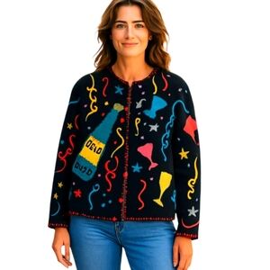Vtg Marisa Christina black and bright rare New Years 2000 Ramie 3d cardigan sz S
